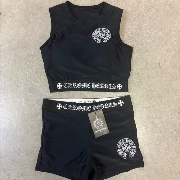 Chrome Hearts Tops - Chrome Hearts Black and White Logo Athletic Crop Top & Shorts Set Women’s Size M